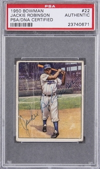 1950 Bowman #22 Jackie Robinson Single Signed Card – PSA DNA Authentic